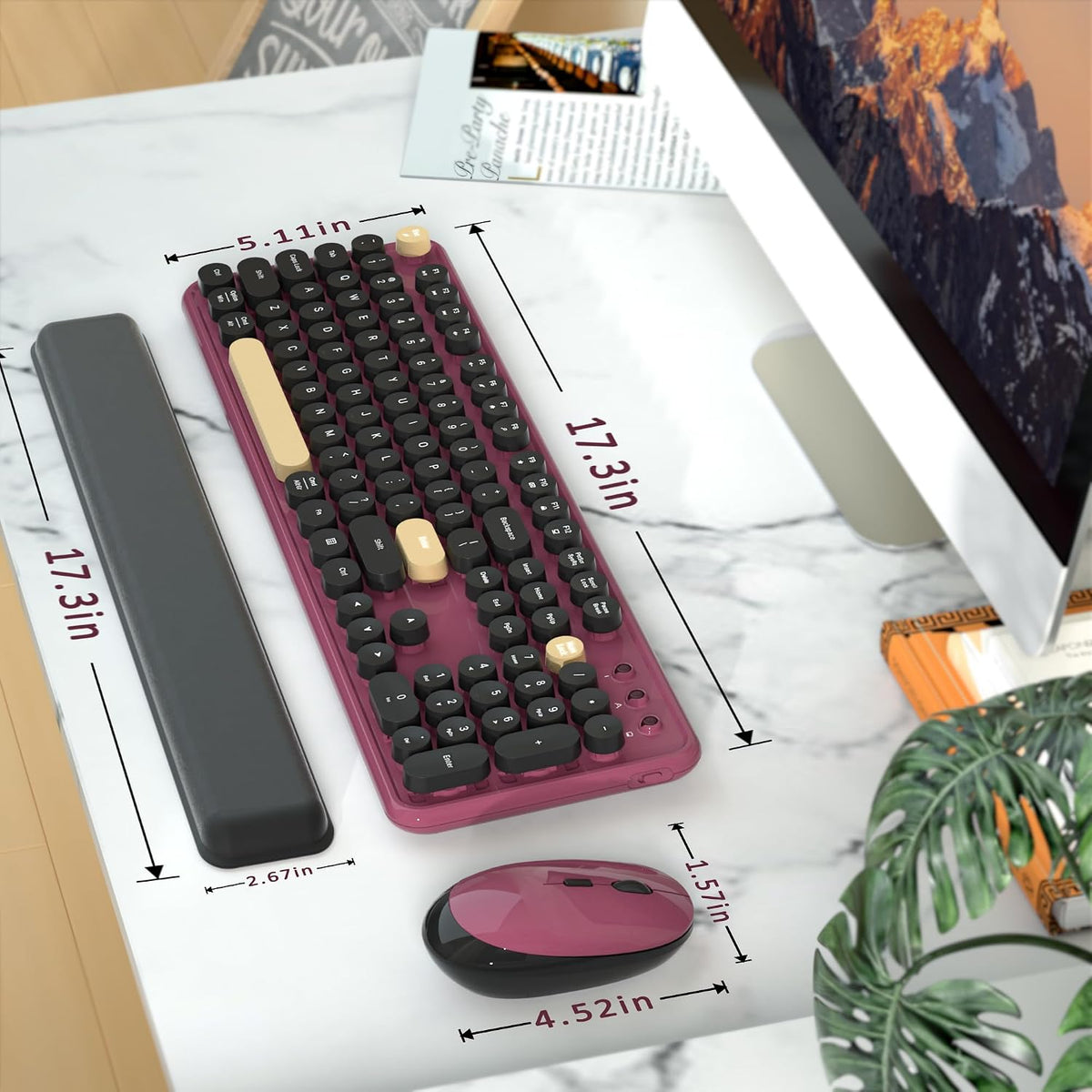 Retro Wireless Keyboard and Mouse Combo with Wrist Rest (Claret-Red)