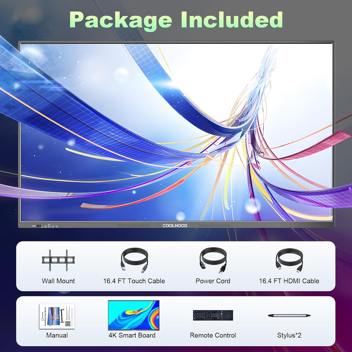 COOLHOOD 65" Smart Board, 4K UHD Touchscreen Interactive Digital Whiteboard Display, Electronic All-in-One Computer for Classroom Office Home Business w/Open App Ecosystem (Board & Wall Mount Only)