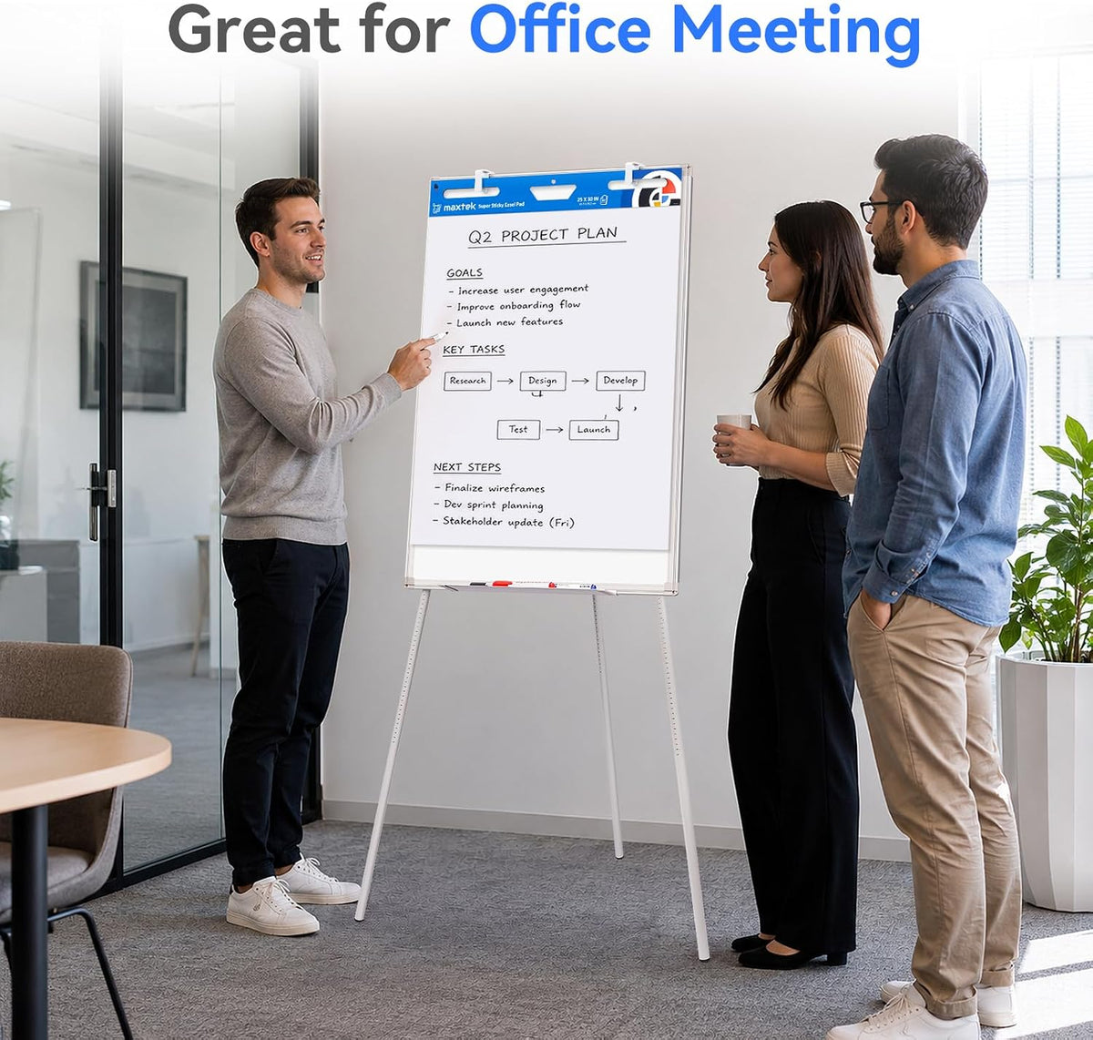Maxtek Easel Whiteboard 36 x 24 in, Stand Tripod with Height Adjustable