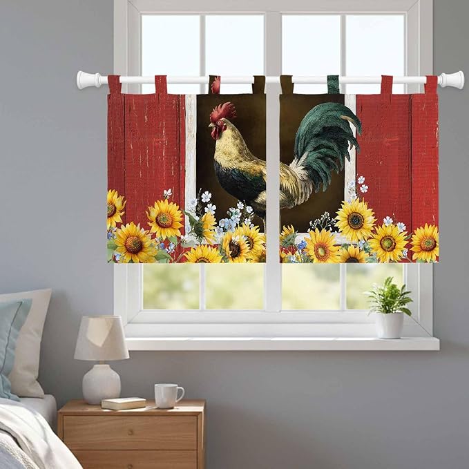Chicken Sunflowers Kitchen Curtains 36 Inch Length, Small Window Curtains Tab