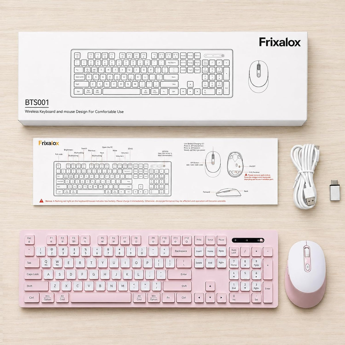 Rechargeable 2.4Ghz Wireless Keyboard and Mouse Combo - Pink