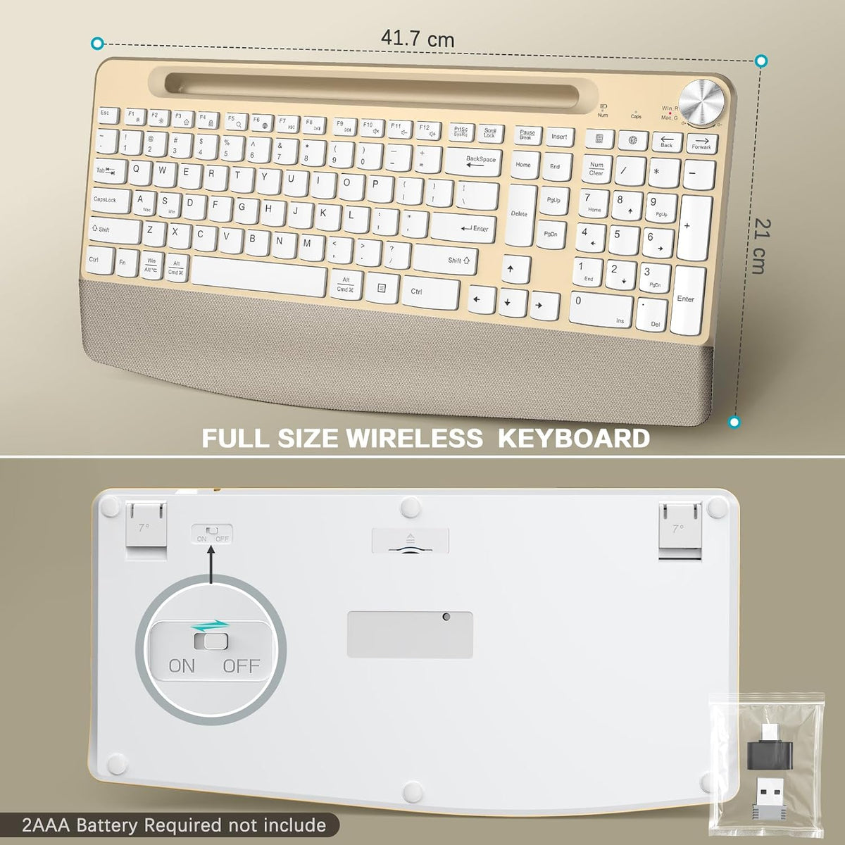 GAMCATZ Ergonomic Wireless Keyboard and Mouse with Wrist Rest,Phone Holder - 2.4GHz Full-Sized Low-Profile Quiet Gold Wireless Mouse and Keyboard Combo for Computer, Laptop, PC, Mac-Gold