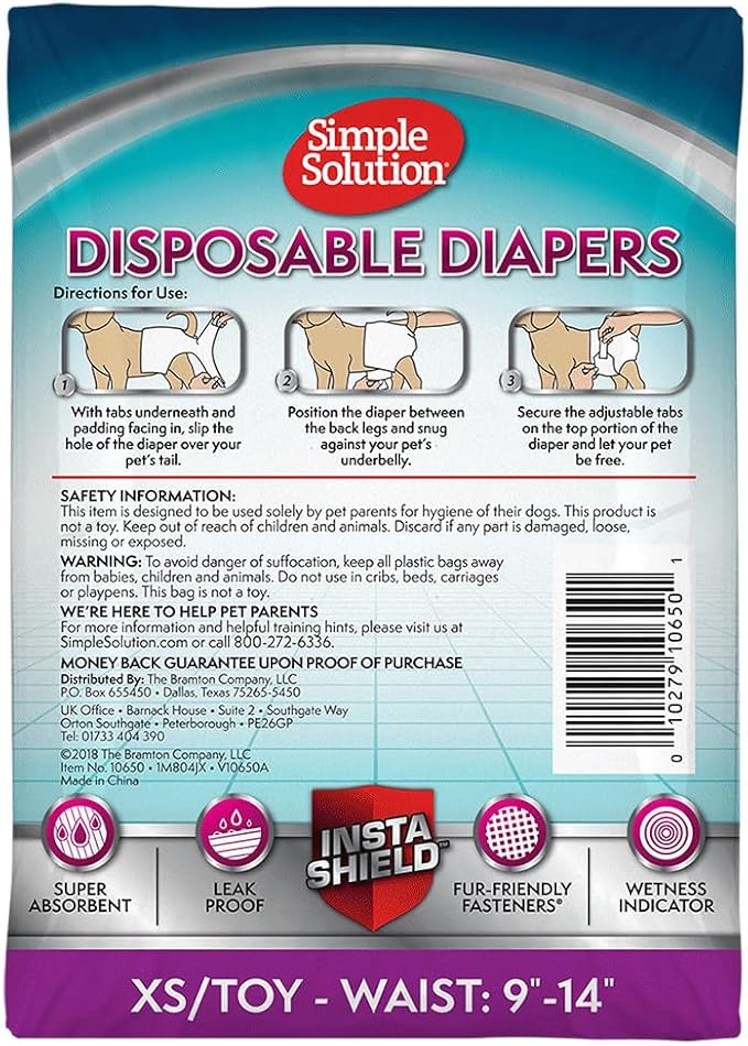 Simple Solution Disposable Dog Diapers for Female Dogs, Leak Proof Diaper for Dogs, Potty Training, XS Puppy Training, Incontinence, Diaper for Peeing, For Small Pets, 9-14 Inch Waist, 12 Count