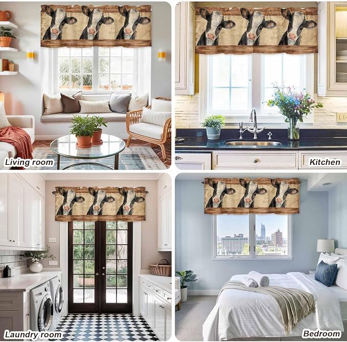 Farmhouse Cow Curtain Valances for Windows, Kitchen Valance Window Treatment