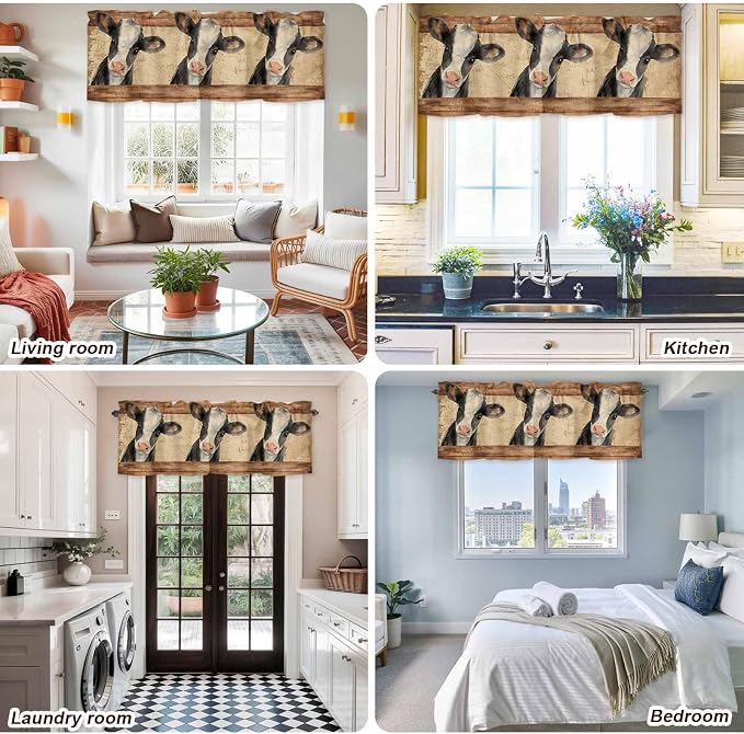 Farmhouse Cow Curtain Valances for Windows, Kitchen Valance Window Treatment