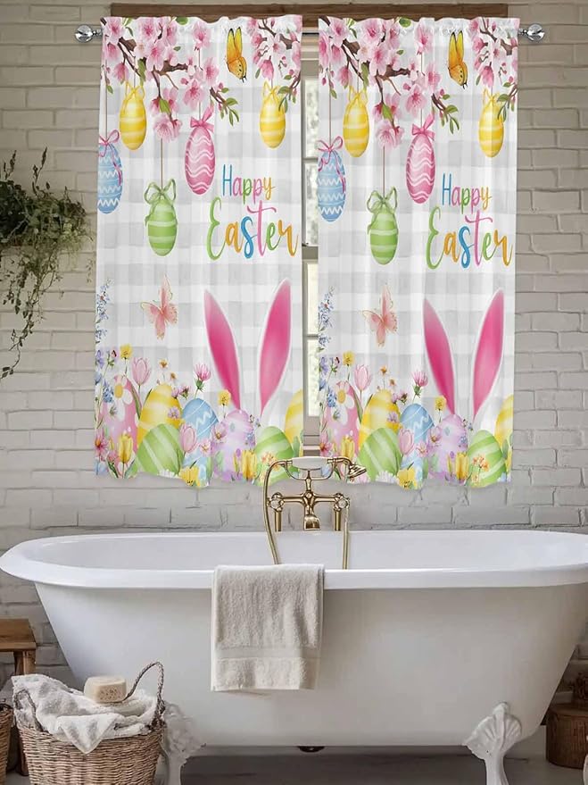 Happy Easter Bedroom Curtains 63 Inches length, Spring Watercolor Bunny Eggs