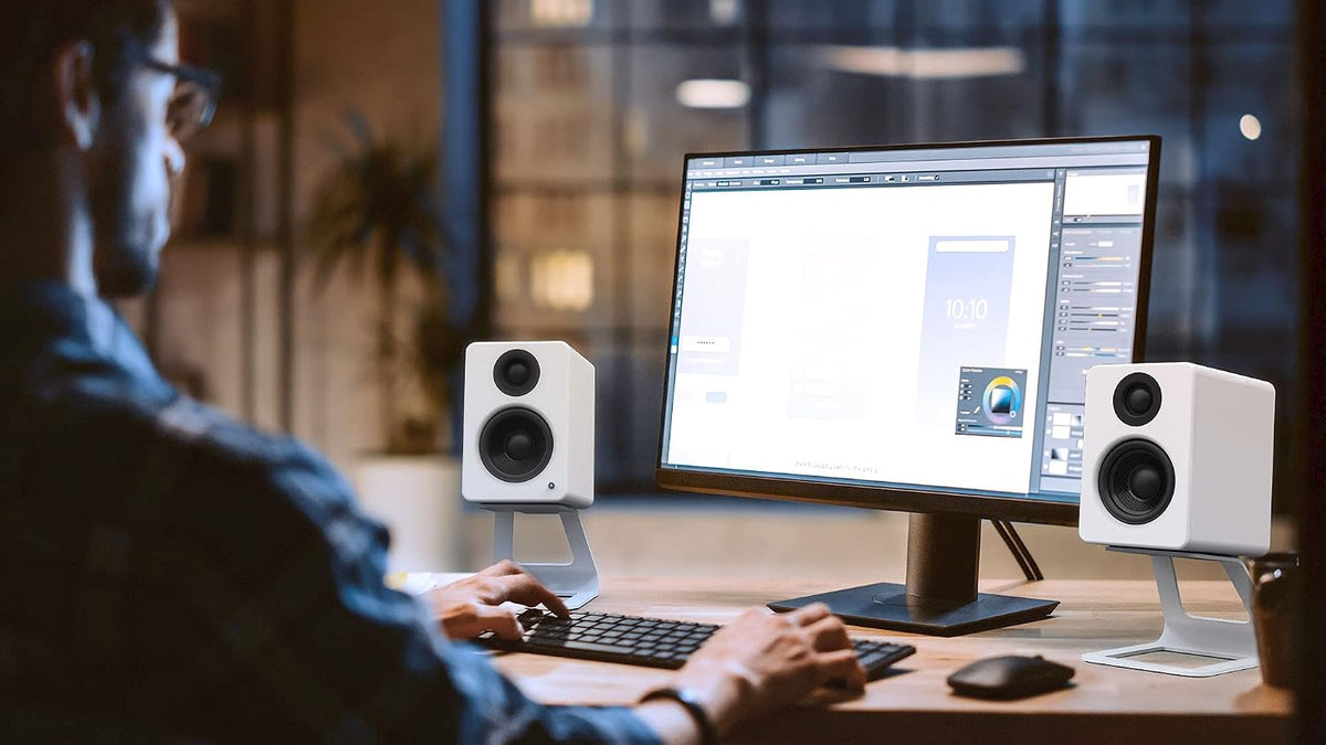 Kanto SE2 Elevated Desktop Speaker Stands for Small Speakers & Compact 2”-3” Studio Monitors | 3.8” Tall | Supports 7.1 lbs | Damping 1.5 mm Silicone Padding | Pair | White