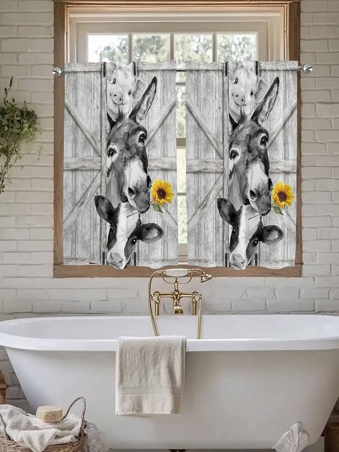 Grey Farmhouse Tier Curtains 45 Inches Long, Vintage Sunflowers Animals Printed