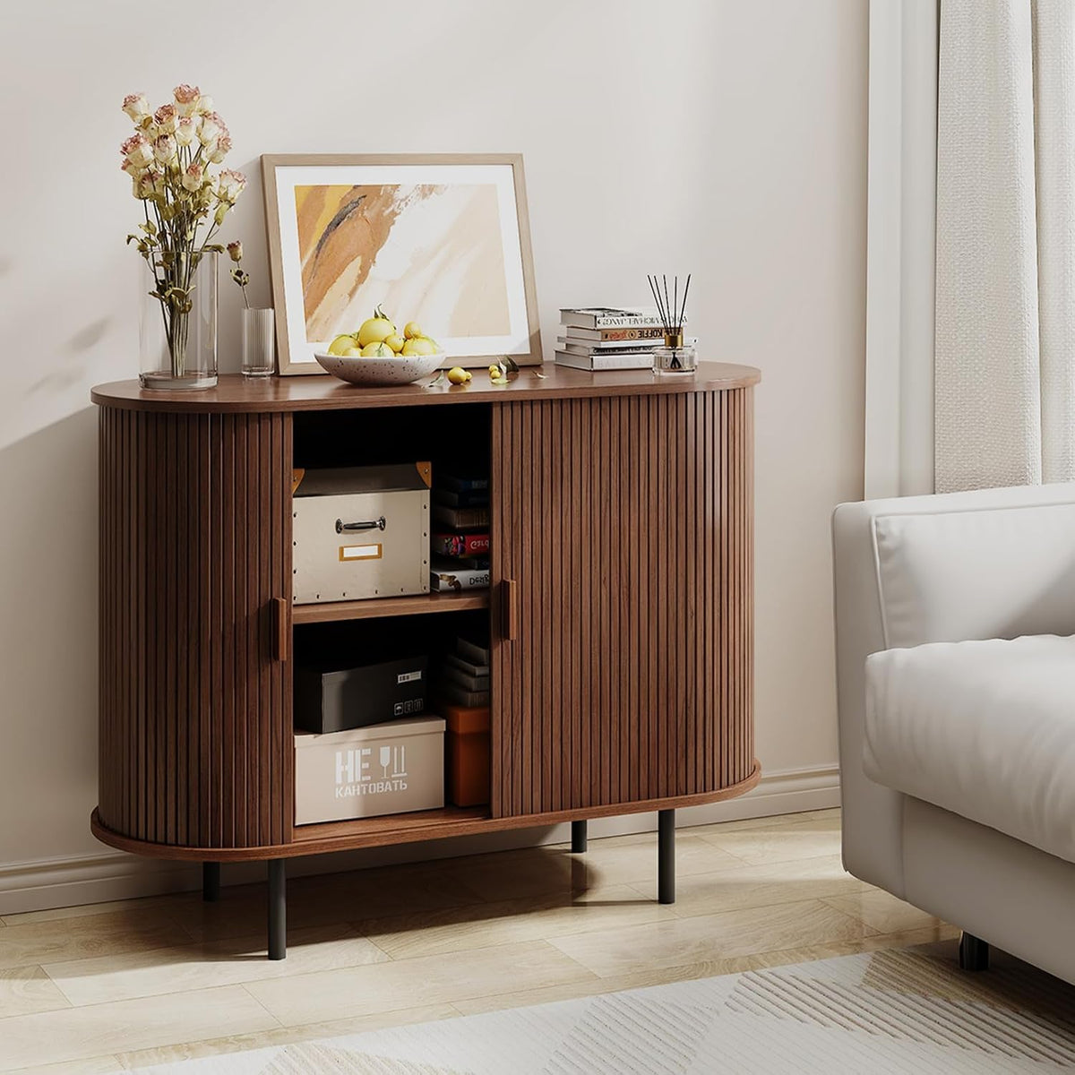 ComfyCorner 40" Fluted Buffet Sideboard Cabinet with Sliding Door, Walnut