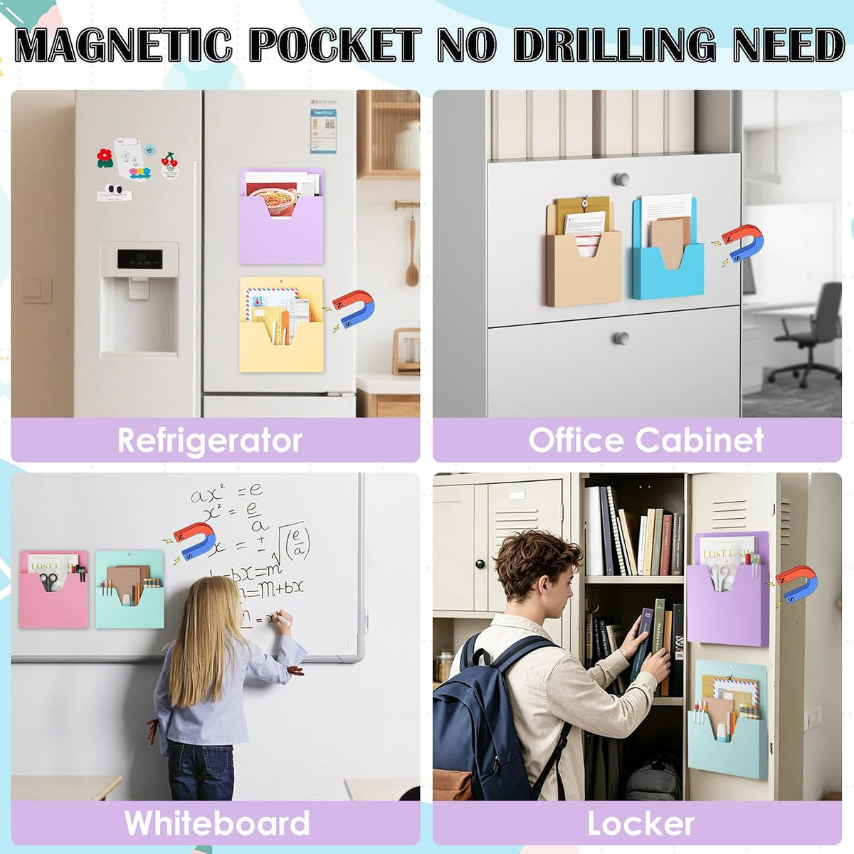 MFTEK Magnetic File Holder 6 Pockets Paper Holder, Hanging File Organizer Office Supplies Storage for Cabinets, Whiteboard, Magnetic Mail Letter Folder for Refrigerator (Pastel Color-Mix)