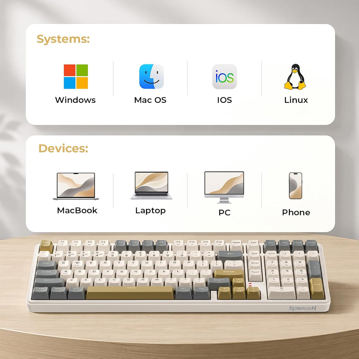 Redragon K528 Wireless Gaming Keyboard Bluetooth Computer Keyboards Creamy Cute with Number Pad RGB Backlit Tri-Mode BT/2.4GHz/USB-C, 4000mAh Battery for Win/MAC- Dusty Olive