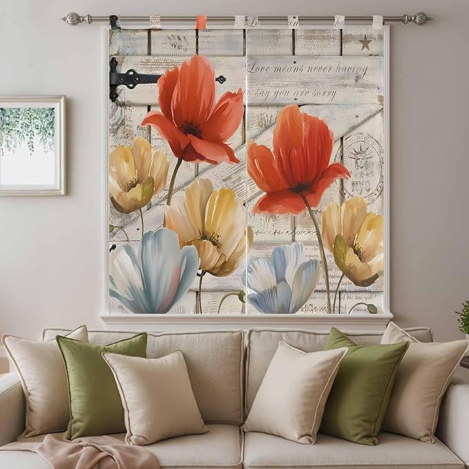 Retro Floral Bedroom Curtains 72 Inch Length, Window Curtains Tab Top