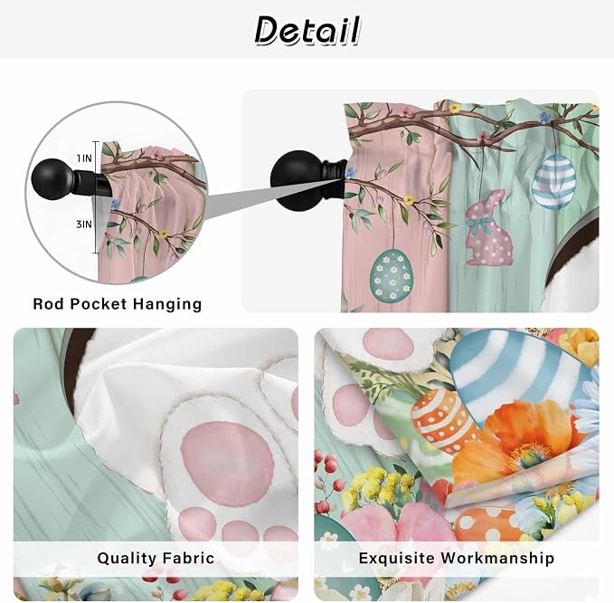 Easter Kitchen Tier Curtains 24 Inch Long 2 Panel Set, Rod Pocket Cafe Small