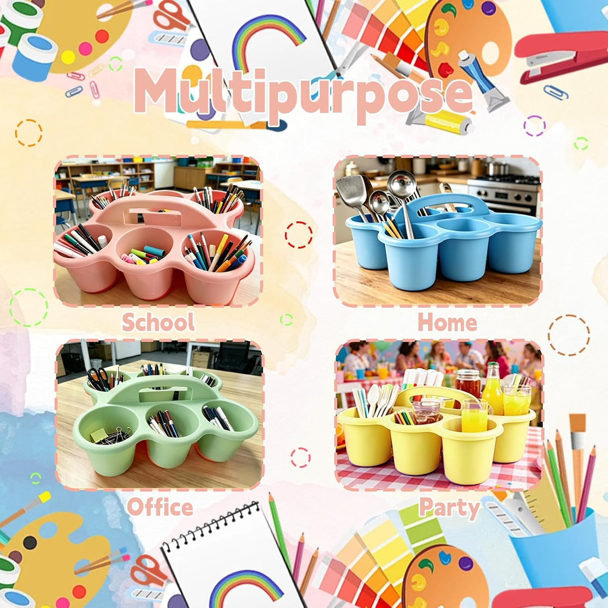 6 Pack Classroom Caddy Organizer with Handle Pastel Plastic Table Caddy 6 Compartments Storage Cup Holder for School Supplies Art Crafts Crayons Pencils Stackable Desk Caddy for Office Home