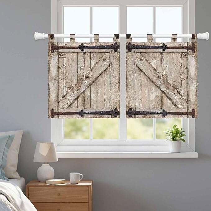 Farmhouse Wood Grain Kitchen Curtains 36 Inch Length, Small Window Curtains Tab
