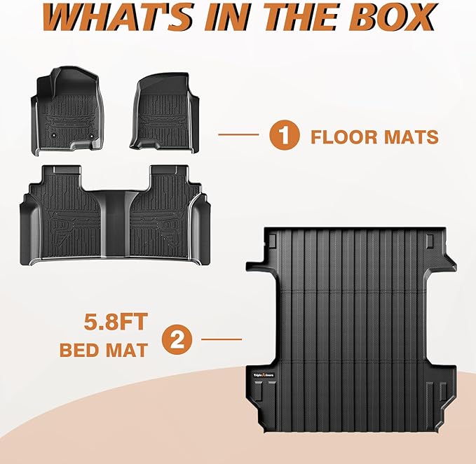 TripleAliners Truck Bed Mat & Floor Mats Front Rear Full Set Compatible with 2019-2025 2026 Chevy Silverado/GMC Sierra 1500 Crew Cab Accessories All Weather TPE Liners (5'8'' Truck Bed Mat+Floor Mats)
