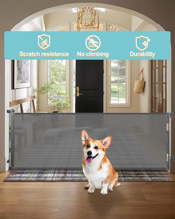 Retractable Baby Gate for Stairs – 33” Height, Expands up to 118” Width – Safety Gate for Infants, Toddlers, Dogs & Pets – Easy Install, Secure Closure, Gray Mesh Design for Indoor & Outdoor Use