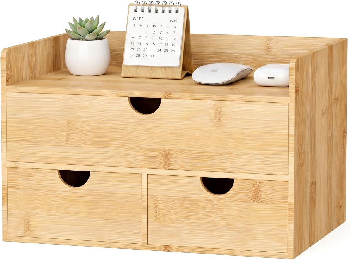 Bamboo Desk Organizer with Drawers, Desktop Storage for Office Supplies