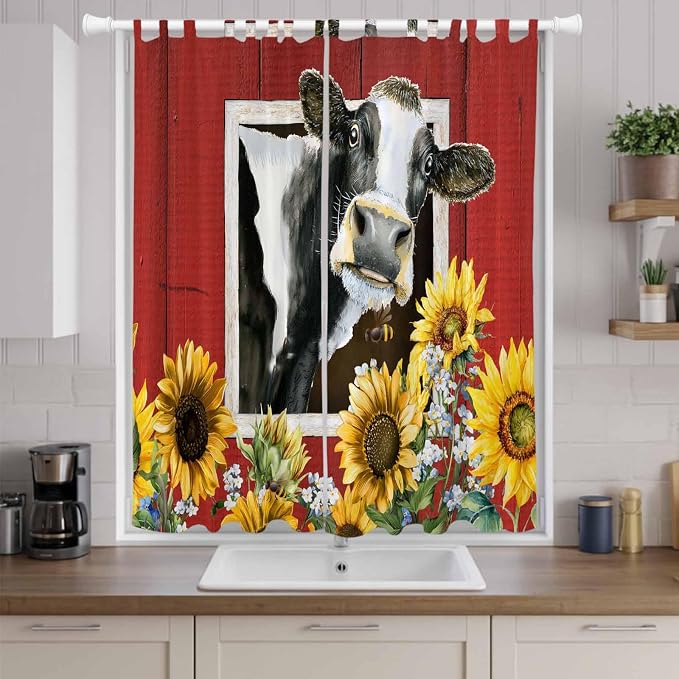 Cows Sunflowers Living Room Curtains 96 Inch Length, Window Curtains Tab Top