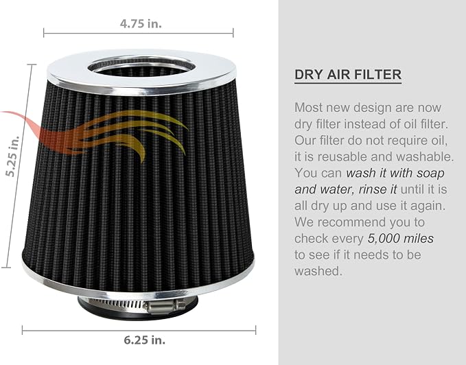 BLACK 3.5" 89 mm Inlet Narrow Air Cone Replacement Performance Washable