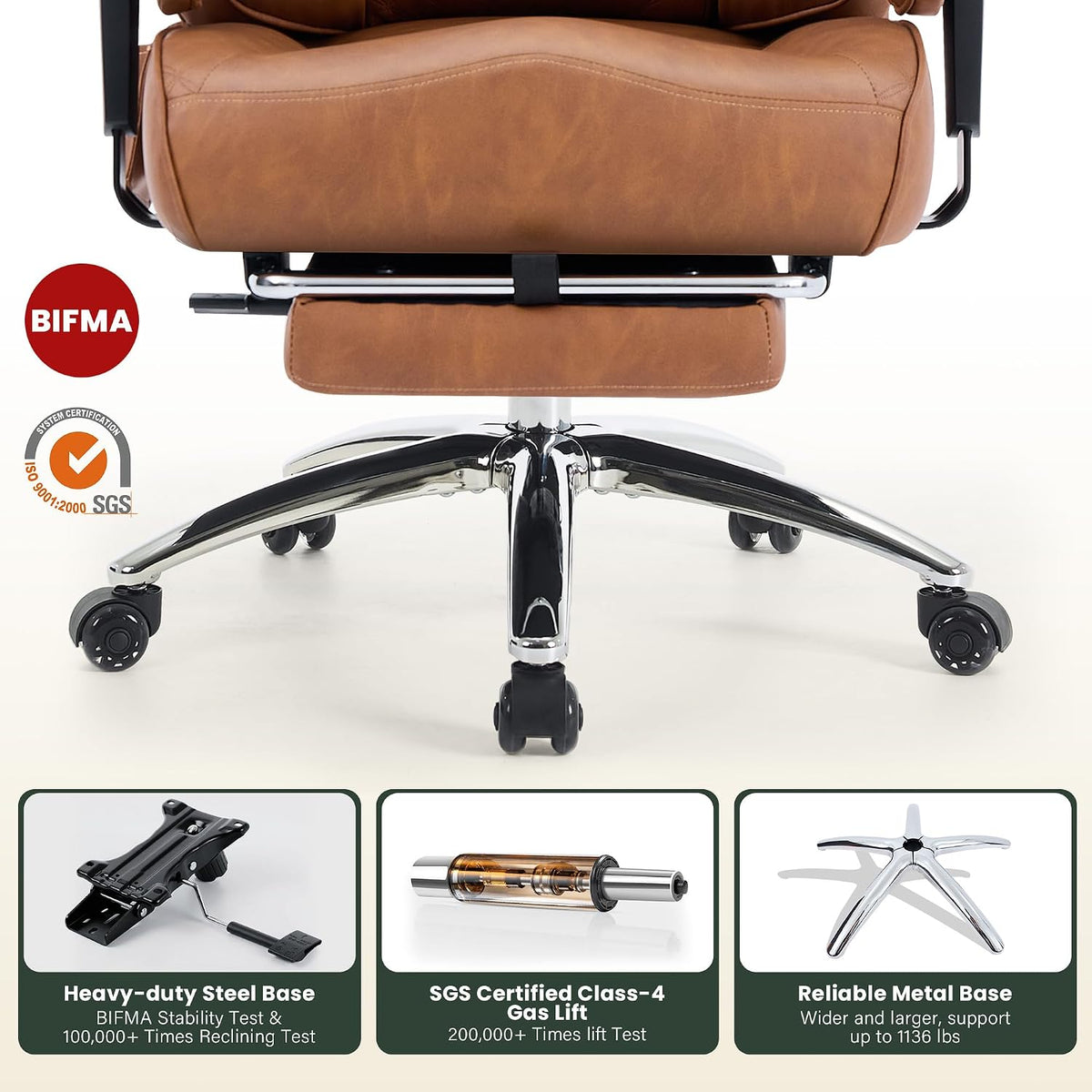 CIOMAN 500lbs Big and Tall Office Chair Adjustable Lumbar Support, Extra Wide Seat Ergonomic Gaming Chair with Footrest, Heavy Duty High Back Executive Leather Computer Desk Chair, Brown