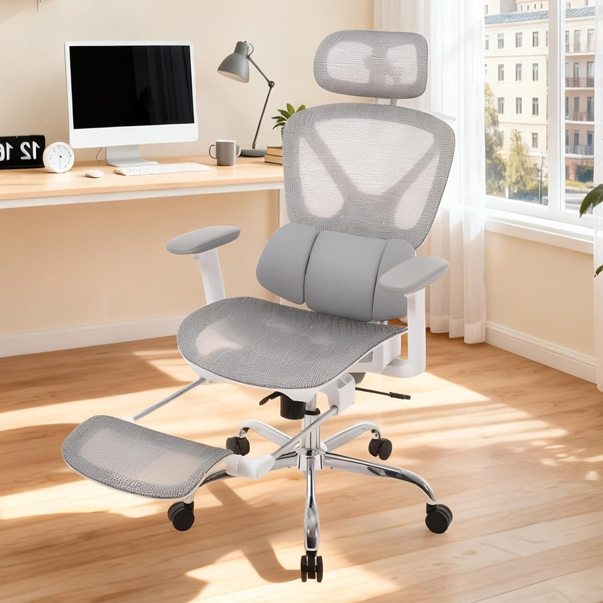 LuxErgo Big & Tall Ergonomic Mesh Office Chair 350lbs, High Back Reclining Gaming Desk Chair with 3D Headrest, Adjustable Armrests, Lumbar Support & Retractable Footrest, Gray