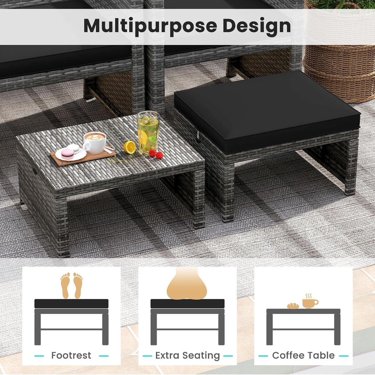 Outdoor Ottomans, Set of 2 PE Rattan Foot Stool w/Soft Zippered Cushions, Multipurpose Patio Ottomans, Outdoor Furniture for Backyard, Additional Seating, Footrest, Side Table (Black)