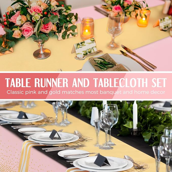 24 Pack Pink and Gold Disposable Plastic Tablecloths and Satin Table Runner Set