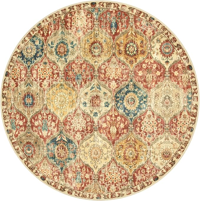 Lahome Moroccan Trellis Washable Round Area Rug, Round Rug 5ft Soft Non-Slip