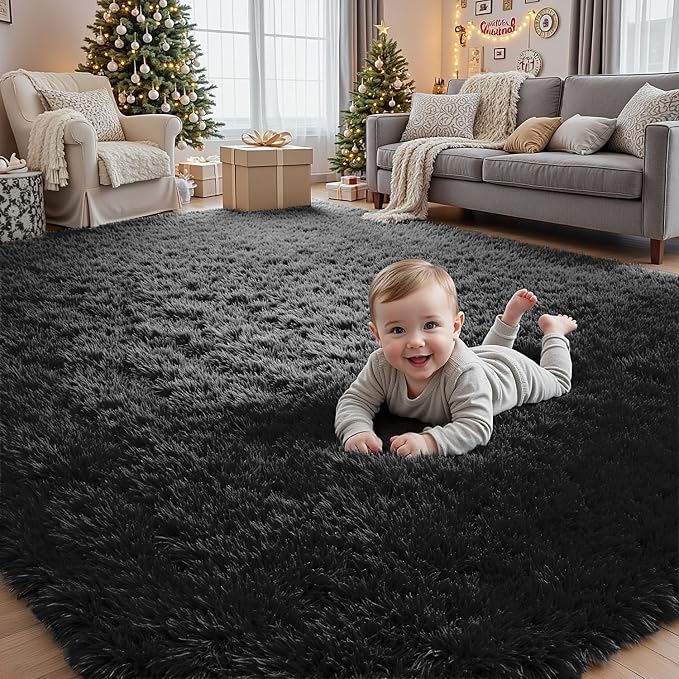 6x9 Area Rugs for Living Room Rug: Soft Fluffy Shag Black Rugs for Bedroom