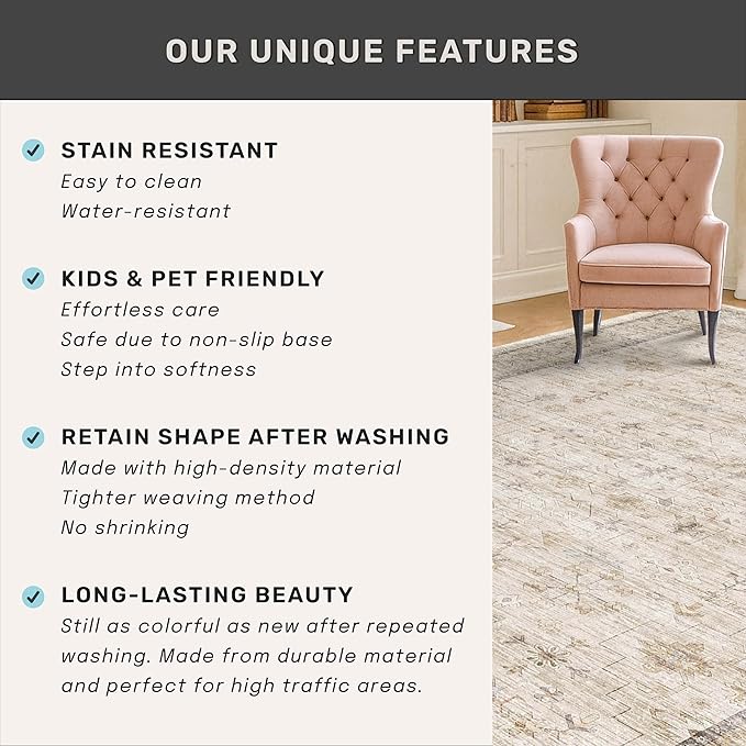 Beige 3x10 Washable Long Hallway Runner Rug Non Slip, Stain & Fade Resistant