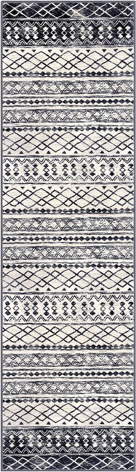 KUTA Moroccan Washable Kitchen Rug, 2x7 Non-Slip Vintage Black Navy Blue Boho