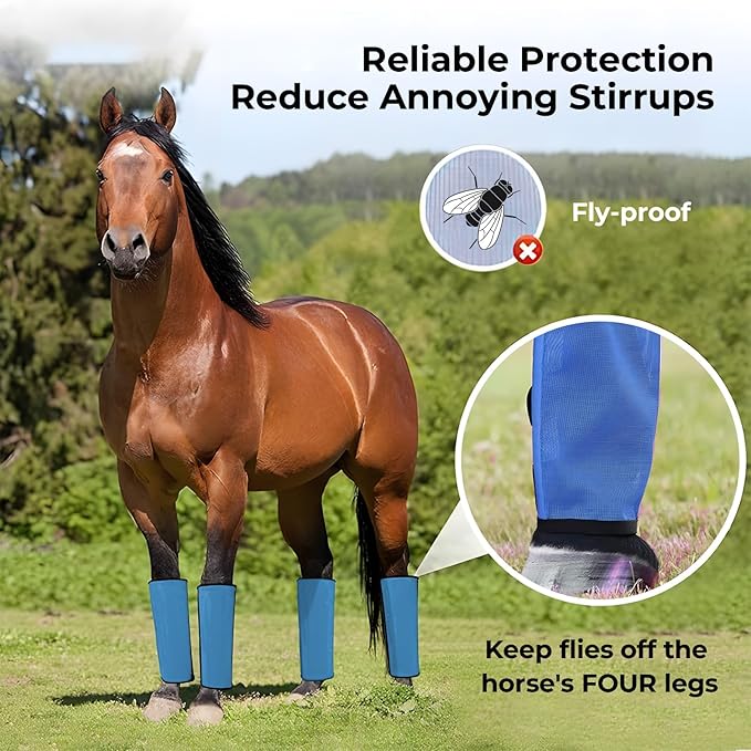 Mesh Horse Fly Boots Set of 4,Adjustable and Universal Loose Fitting & Non-Slip Horse Fly Leggings for Horses,Reduce Stressful Stomping (Blue)