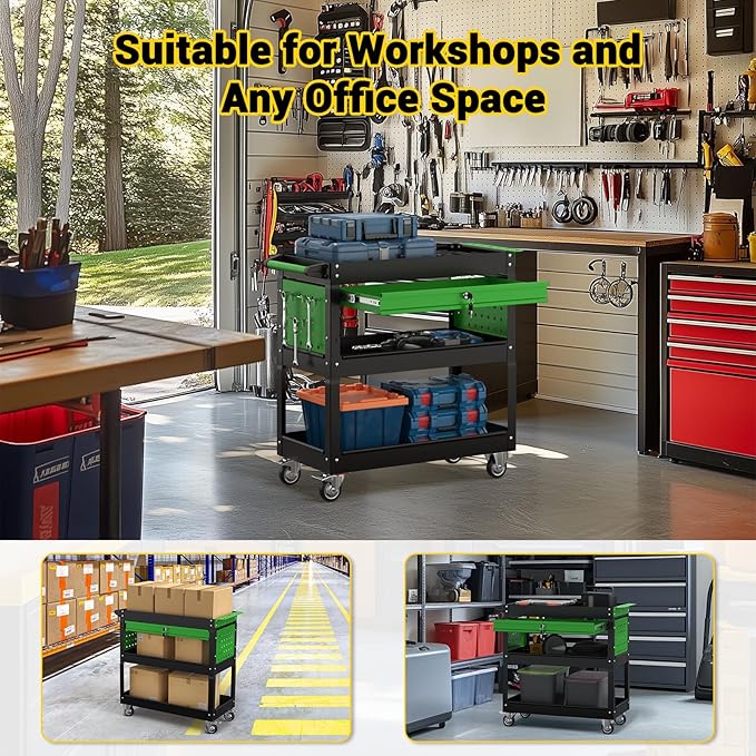 3 Tier Rolling Tool Cart on Wheels, 550 LBS Tool Cart with Drawers,Heavy Duty Utility Cart with Pegboard and Hooks,Mechanic Tool Storage Cart for Garage, Warehouse (Black-Green)