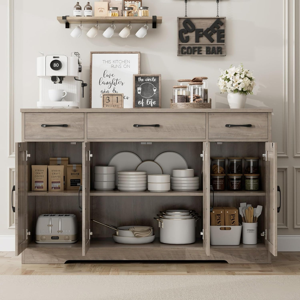 HOSTACK Kitchen Buffet Sideboard Storage Cabinet, Coffee Bar Cabinet, Grey