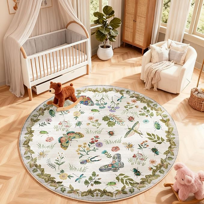 Washable Round Rugs for Bedroom 4ft: Living Room Rug Stain Resistant Non Slip