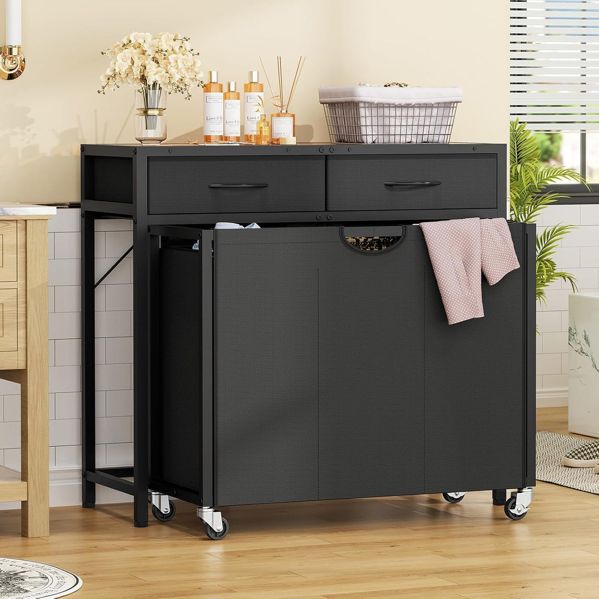 Laundry Sorter, Rolling Laundry Hamper with 3 Section Pull-Out Bags, Laundry Basket Organizer with 2 Drawers & 2-Tone Top Panel, Laundry Hamper with Wheels for Laundry Room Organization, Bathroom