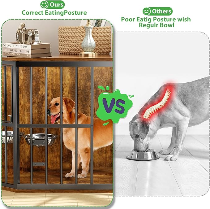 Medium Dog Crate Furniture, 42โ Heavy Duty Corner Dog Crate with 2 Stainless Steel Bowls, Dog Kennel Furniture Style House, Wooden Decorative Pet House End Side Table, Chew-Resistant, Rustic
