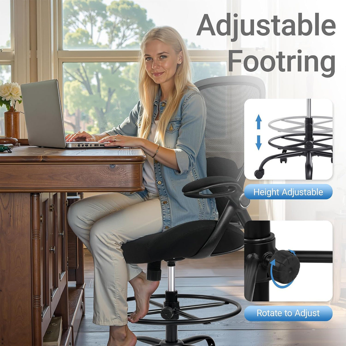 HYLONE 400lbs Big and Tall Heavy Duty Drafting Chair 5" Thickened Seat Tall Office Chair Flip-Up Armrests Ergonomic Chair with Lumbar Support and Adjustable Footrest Ring Standing Desk Chair (Black)