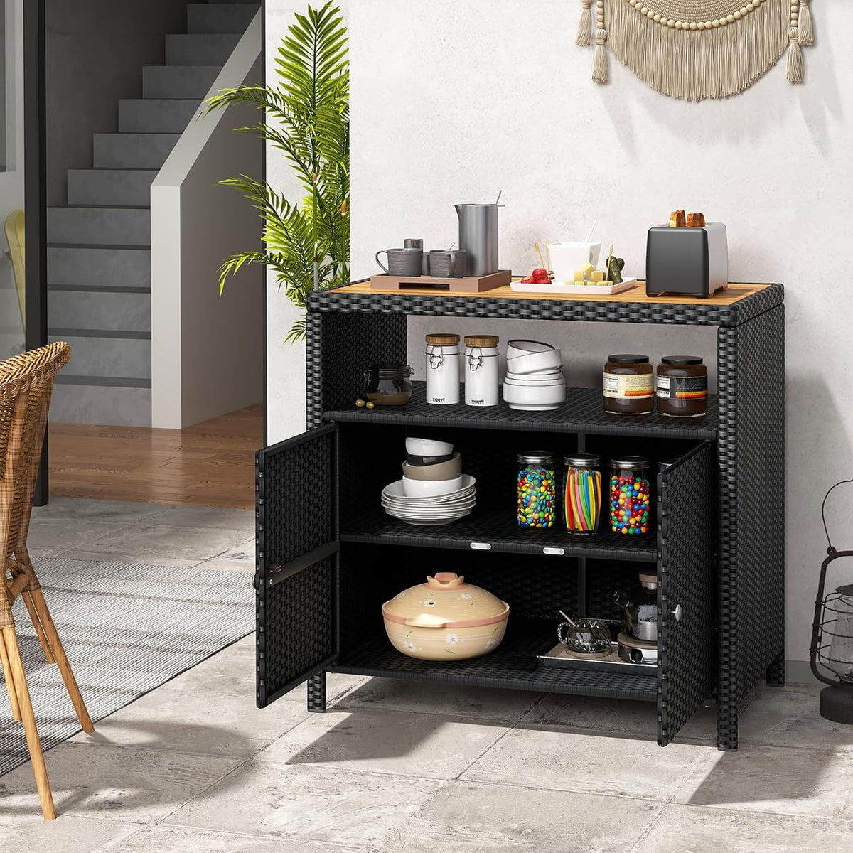 RELAX4LIFE Wicker Outdoor Bar Cabinet - PE Rattan Patio Bar Table