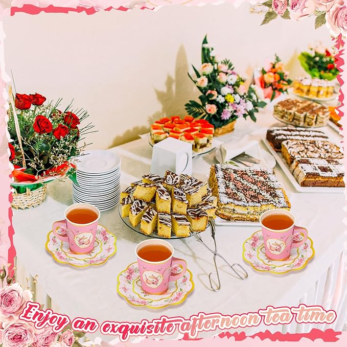 Tioncy 100 Pcs Tea Party Decorations Include 50 Pieces 9 oz Paper Tea Cups