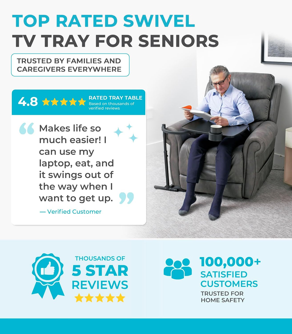 Stander Wonder Tray, Adjustable Swivel Table, Extra-Large Computer Stand, Couch Desk & Gaming Bench, TV-Trays for Eating on Couches, Chairs, Recliners with Laptop Wedges and Cup Holder, XL, Black