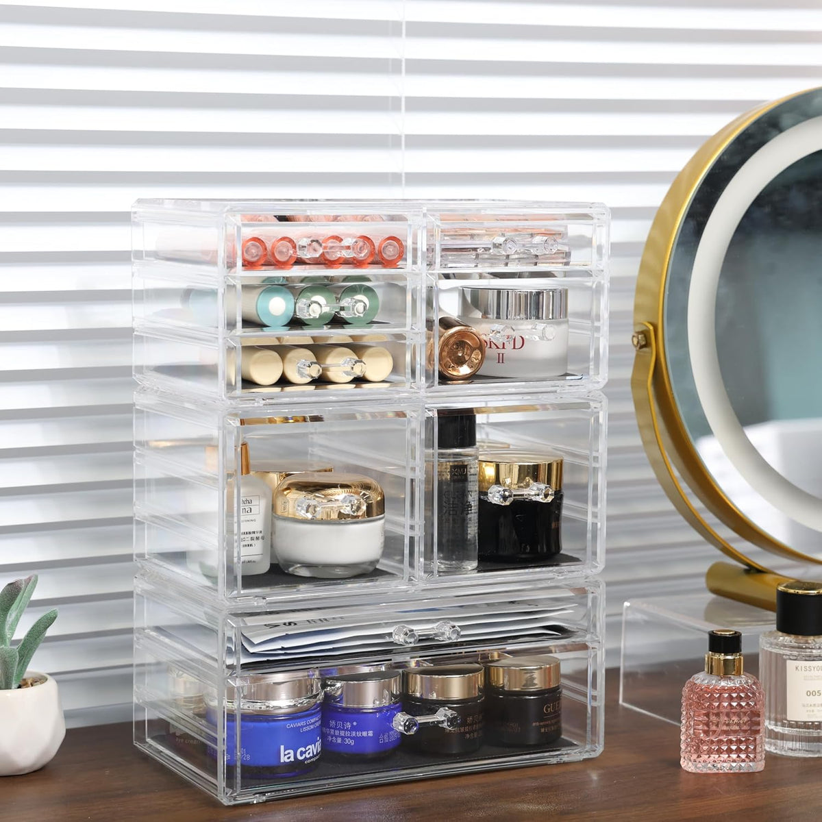 Cq acrylic Clear Stackable Storage Drawers,Plastic Makeup Organizer and Bathroom Storage Bins WIth 9 Drawers For Make up,Medicine,Craft,Pen,Beauty and Office Supply Organizer