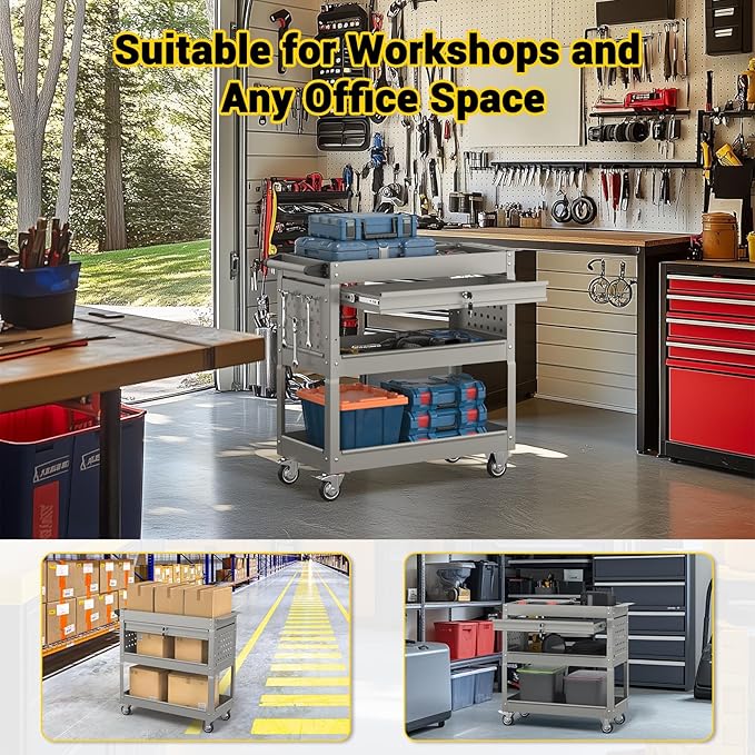 3 Tier Rolling Tool Cart on Wheels, 550 LBS Tool Cart with Drawers,Heavy Duty Utility Cart with Pegboard and Hook,Mechanic Tool Storage Cart for Garage, Warehouse and Repair Shop(Gray)