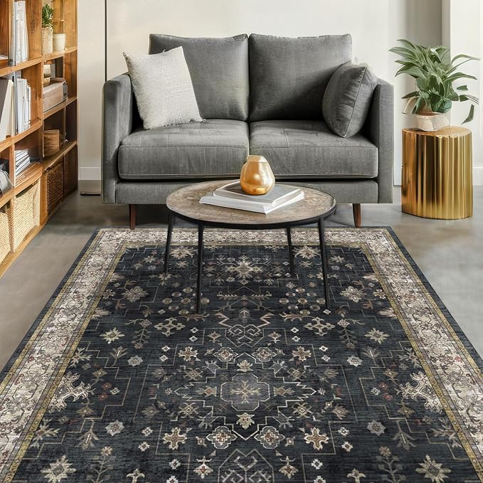 Black Boho Living Room Rug 5x7, Washable Dark Vintage Moody Low Pile Non Slip