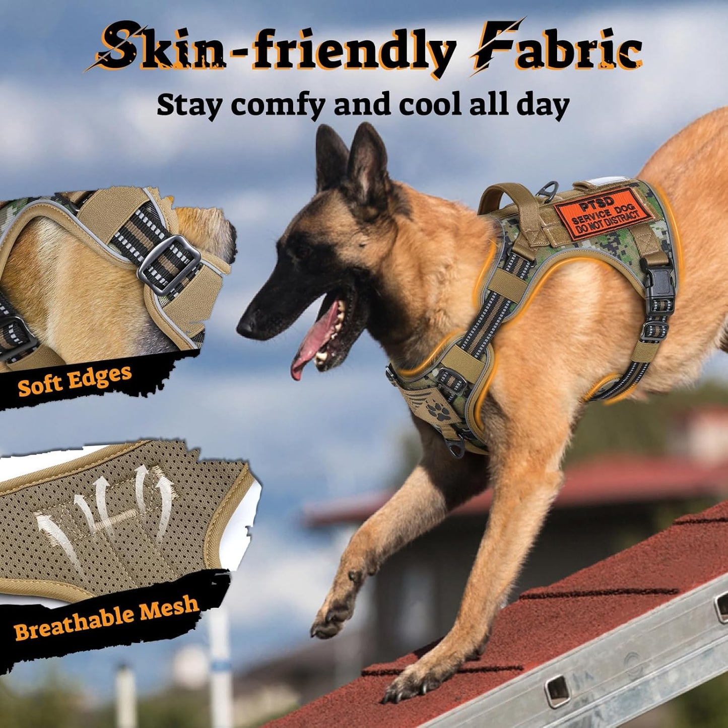 rabbitgoo Dog Harness Medium Sized No Pull, Tactical Service Pet Vest with Molle and Control Handle, Adjustable and Reflective Military Harness for Easy Walking and Training, Brown camo, M