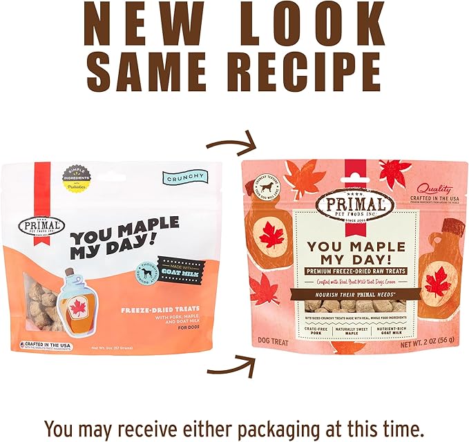 Primal Freeze Dried Dog Treats, You Maple My Day; Pork & Maple with Goat Milk, Grain Free Training Treats for Dogs, 2 oz