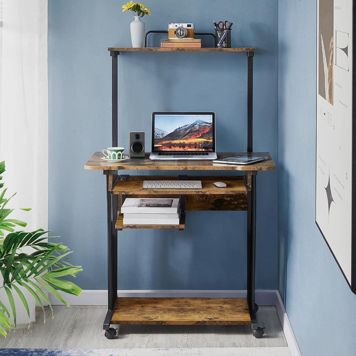 Topeakmart 2-Tier Rolling Desk with Printer Shelf & Keyboard Tray, Rustic Brown