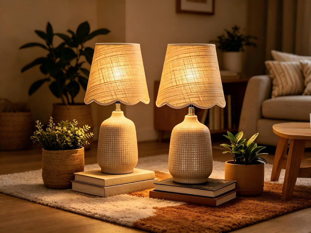 Pia Ricco 19" Modern Ceramic Table Lamp for Living Room Gray Camel Base Desk Lamps for Bedroom Farmhouse Bedside Nightstand Lamp End Table Lamps,Pink,Rattan Shade