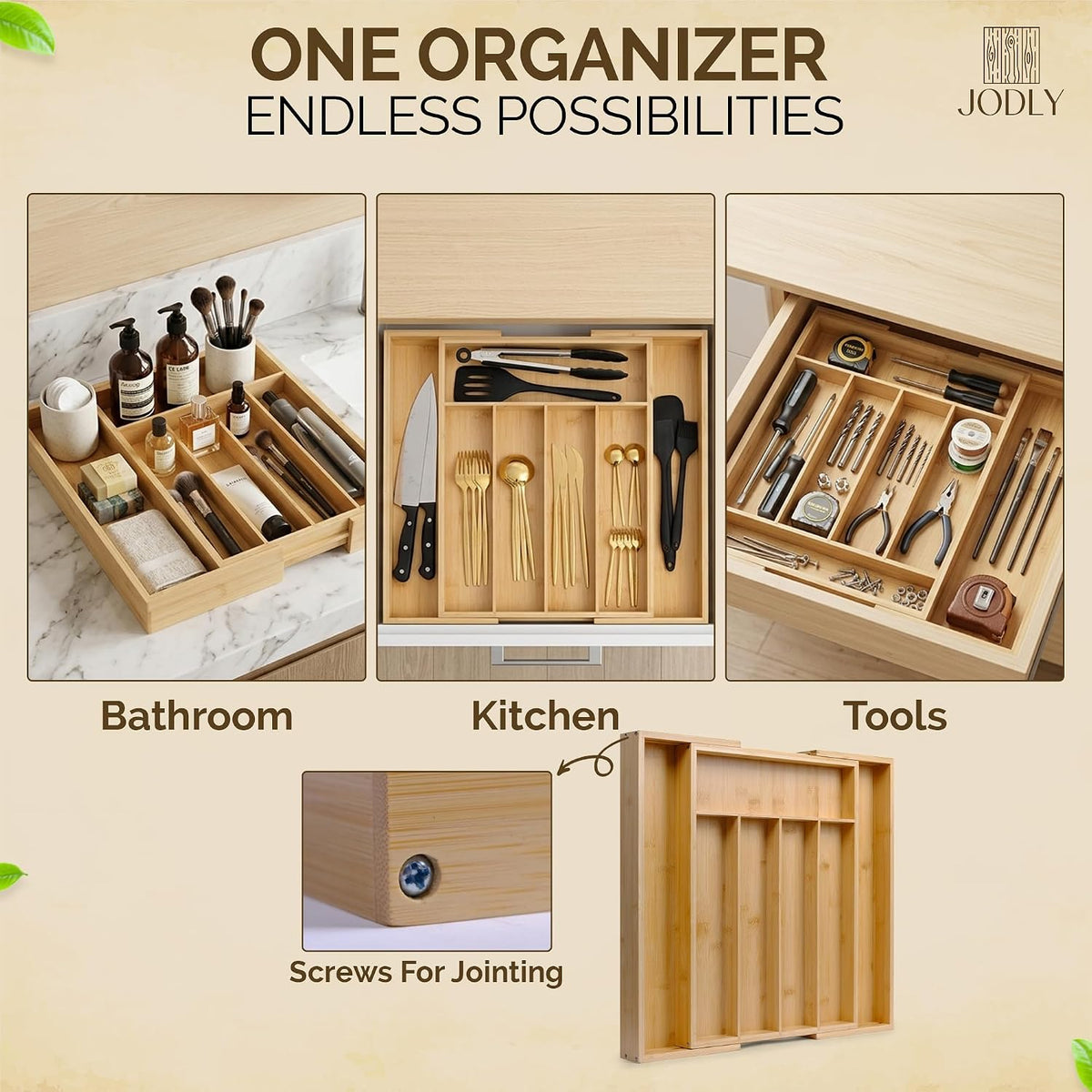 Bamboo Kitchen Utensil Drawer Organizer for Silverware | 100% Natural Expandable 14-20 Inch Kitchen Drawer Organizers for Utensils | Non-Slip Base | Screwed Joints for Long-Lasting Durability